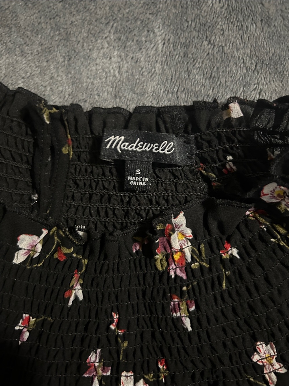 Madewell Black Floral Smocked-Neck Blouse with Puff Sleeves - Picture 2 of 5